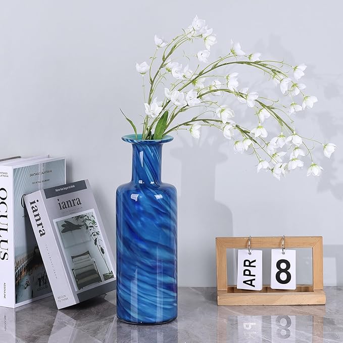 13" H Hand-Blown Glass vase, Modern Art Glass Cylindrical vase, Blue Glass Decorative vase, Ideal for Living Room Dining Table centerpieces, TV Console, Office, or Console Table Decor.