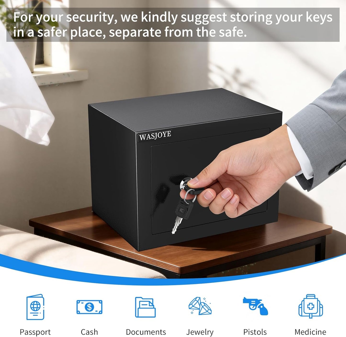 WASJOYE Small Home Safe Box - High-Security Key Lock Steel Safe | 0.23 Cubic Feet for Cash, Jewelry, and Documents