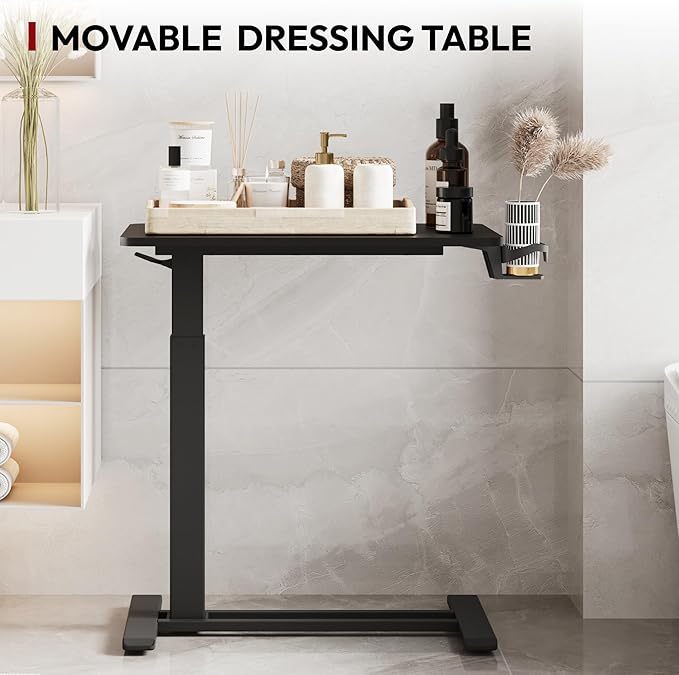 SANODESK Mobile Standing Desk with Hidden Wheels,Pneumatic Laptop Desk Rolling Computer Cart Movable Height Adjustable Small Sit Stand Desk for Home Office(27.6" W x 15.7" D, Black)