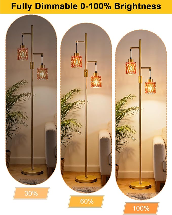 Lightdot 65IN Industrial Gold Floor Lamp for Living Room, 2- Light Deep Red Glass Floor Lamps with Warm White Bulbs, Modern Farmhouse Tree Standing Tall Lamp with 5Lbs Heavy Base for Bedroom