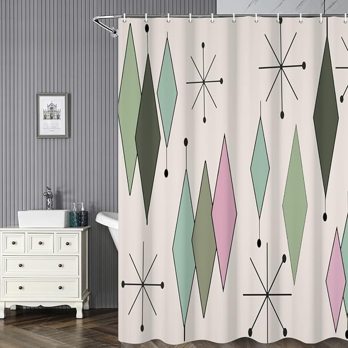 Mid Century Shower Curtain Modern Abstract Green Pink Diamond Geometric Atomic Starburst Pattern for 1950s Retro Bathroom Decor Accessories Shower Curtain Set with 12 Hooks, 60x72 Inches