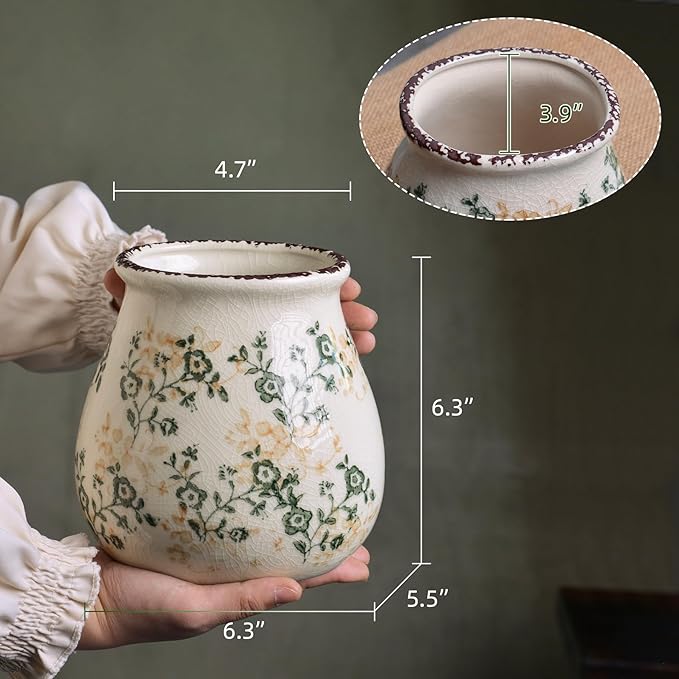 Vintage Flower Vase, Chinoiserie Floral Ceramic Vase for Home Decor, Green and White Decorative Vases for Centerpiece Table Decorations, Vases for Living Room Kitchen Entryway Mantle Shelf Decor Vase