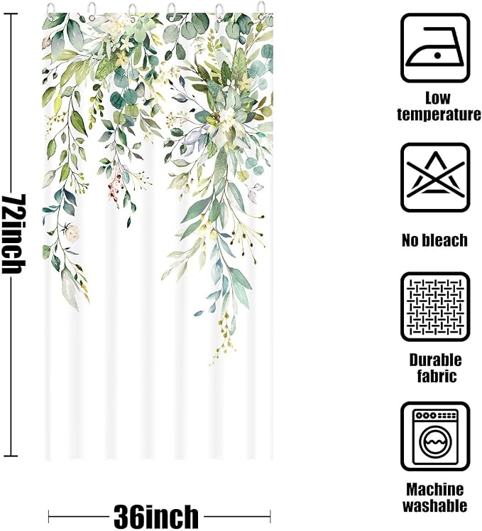 Stall Green Eucalyptus Shower Curtain Set Watercolor Floral Plant Leaf Shower Curtains for Bathroom Botanical Flower Waterproof Fabric Bath Curtain Decor (Green, 36'' x 72'')