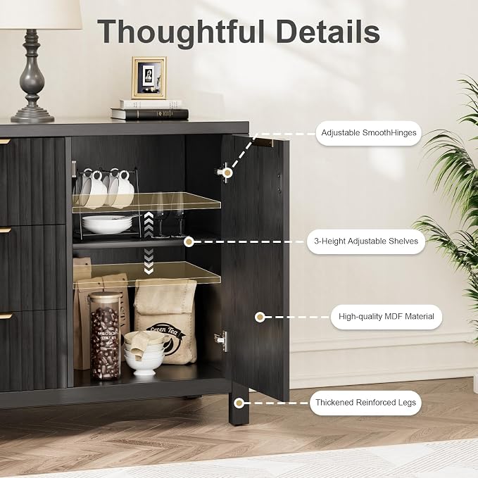 47.2" Fluted Sideboard Buffet Cabinet, Modern Black Credenza with 2 Drawers & 2 Doors, 3-Level Adjustable Shelves, Waterproof Top, Gold Handles, Kitchen Entryway Living Room Storage (Glossy Black)