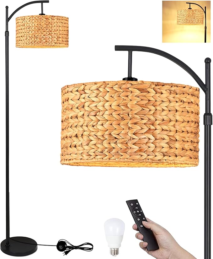 QIYIZM Floor Lamp for Living Room Bedroom Farmhouse Arc Rattan Boho Standing Lamp with Remote Dimmable Black Wicker Bamboo Lamp Shade Floor Light Adjustable Tall Lamp Industrial Floor Lamps Bohemian