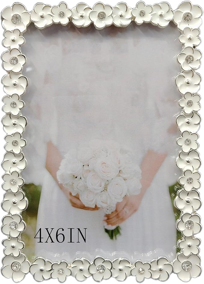 Vintage Floral Metal 4X6 Picture Frame with Enamel Finis Glass Front - Ornate Antique White Flowers Photo Frame Tabletop/Wall Display Gifts for Women Wedding