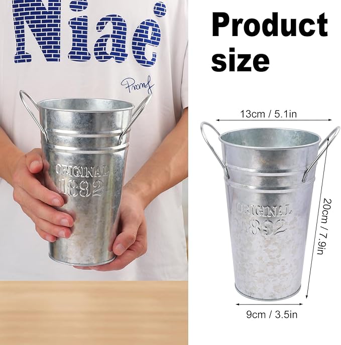 6 Packs 8 Inch Tall Galvanized Metal Flower Vases with Handles, Metal Flower Buckets for Cut Flowers, Country Wedding, Table Centerpiece Decorations(Sliver)
