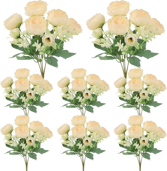 8 Pack Champagne Peonies Artificial Flowers, Cream Fake Silk Hydrangea Bouquet for Bridal Wedding Home Table Decor Reusable Dining Opening Ceremony Birthday Arrangement Faux Floral