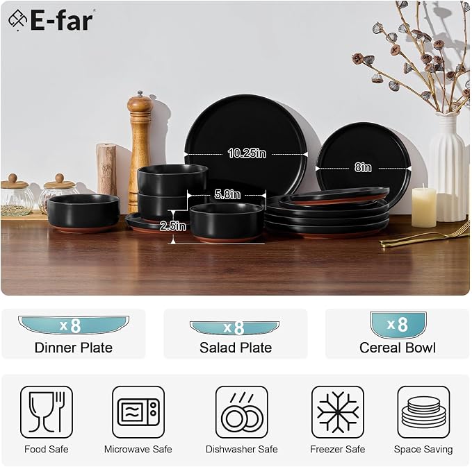 E-far 24-Piece Stoneware Plates and Bowls Sets, Dinnerware Sets for 8, Ceramic Dishware Dishes Set with Terracotta Base, Chip & Scratch Resistant, Microwave & Dishwasher Safe, Matte Black