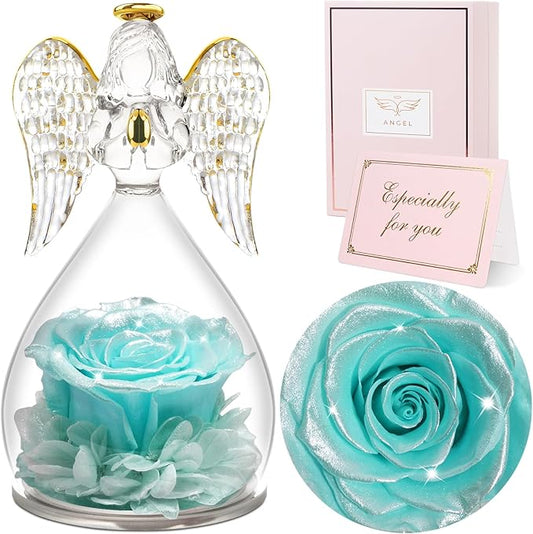 Sunia Preserved Flower Rose Gift for Women - Mother's Day Birthday Gifts for Mom Wife Grandma, Glass Angel Figurines Forever Real Roses Gifts for Her Valentine Day Thanksgiving﻿ (Sparklinga quamarine)