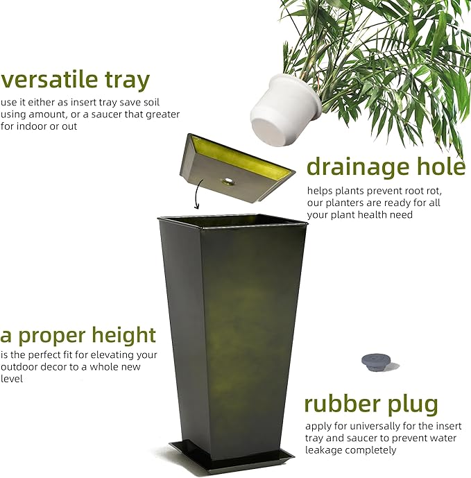 KOL Galvanized Steel Planter 25''H. with Saucer, Bright Glazed Planter with Drainage Hole, Set of 2, Tall Pots for Indoor & Outdoor Use, Decorative Flower Plant Pots for Porch, Patio, Deck - Green