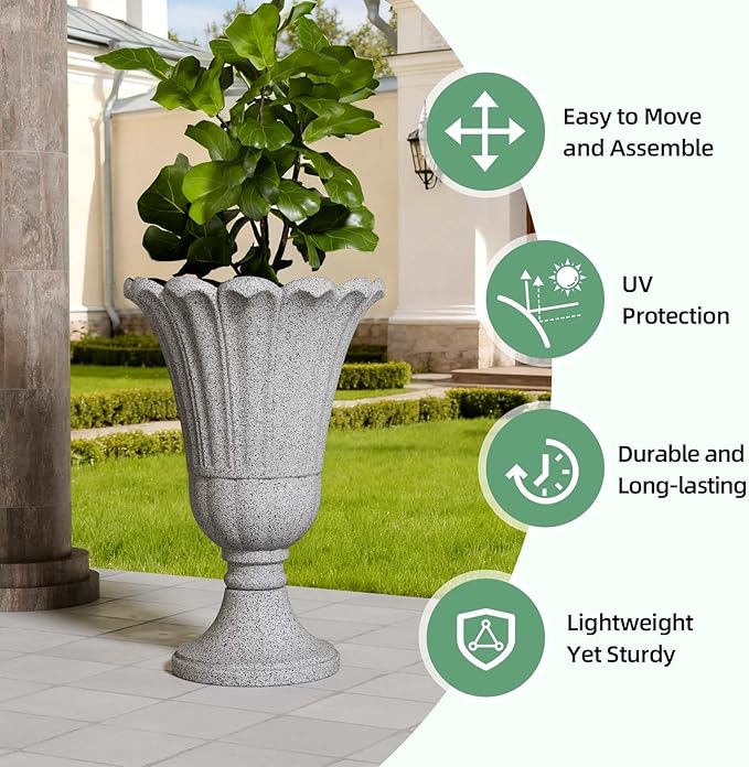 Tall Plastic Urn Planters for Outdoor Plants Set of 2-23.6" H Classic Petal Design Indoor Large Flower Pots with Drainage Holes, Outdoor Planters for Porch Decor/Garden Vase, Grey