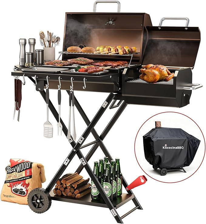 kscocinaBBQ Portable Charcoal Grill with Smoking Function, Foldable Suitcase Design with Wheels, Multi-Tier Storage Rack & Waterproof Cover for Outdoor BBQ Parties (Khaki)