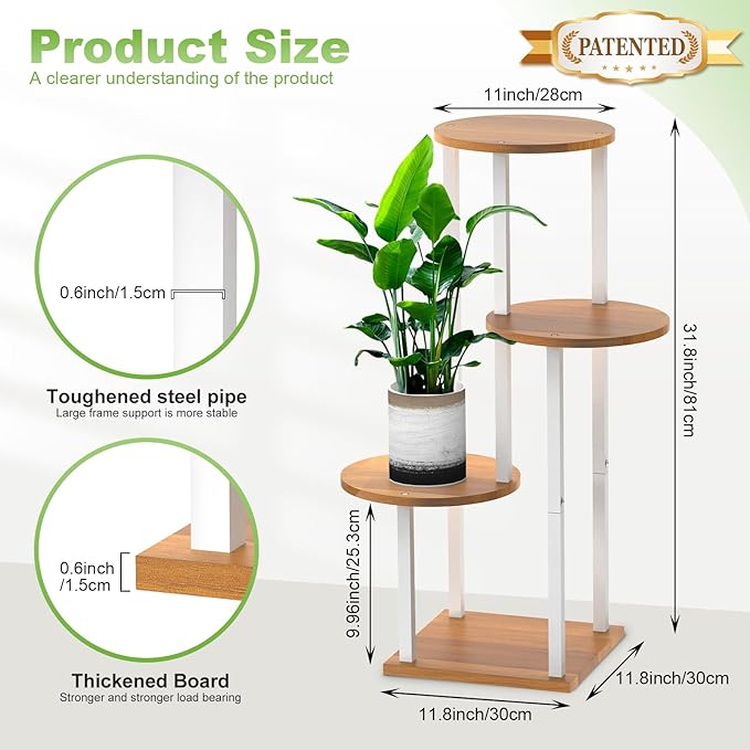 4 Tier Wood Tall Plant Stand Metal Rack Indoor, Multiple Flower Pot Holder Shelves Corner Rack, Round Planter Shelf Display Rack Storage Organizer for Patio Living Room Balcony(White+Wooden)