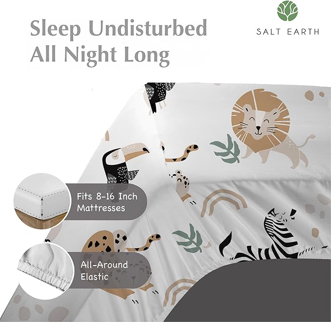 Salt Earth 100% Cotton 210TC Kids Bedsheet, Twin Fitted Sheet, Toddler Bed, 2 Piece Bedding Set- 1 Fitted Sheet and 1 Pillowcase, Themed Toddler Bed Sheets, Cute Sheets for Kids Bed (Jungle)