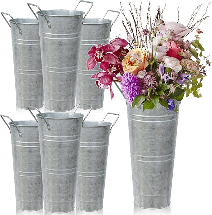 6pcs 9inch-Galvanized Metal Vases Farmhouse French Flowers Bucket Vase with Handles Rustic Tin Flower Holder for Cut Plants Housewarming Gift for Balcony Garden Courtyard
