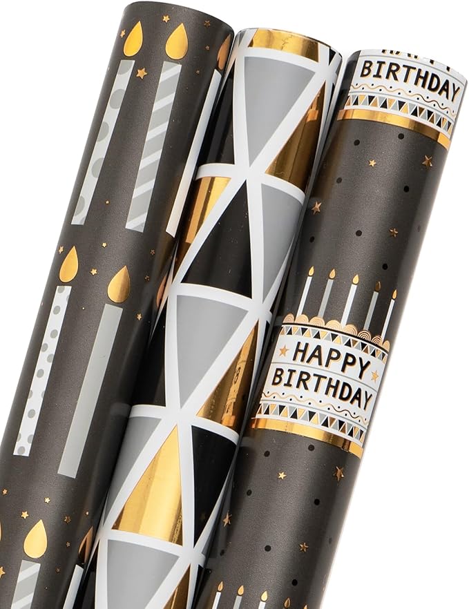 MAYPLUSS Birthday Wrapping Paper Roll 17 IN *120 IN Per Roll, Black and Gold Gift Wrapping Paper Mini Roll, 3 Rolls, Triangles Candle Geometry Pattern With Gold Foil for Birthday, Party All Occassions