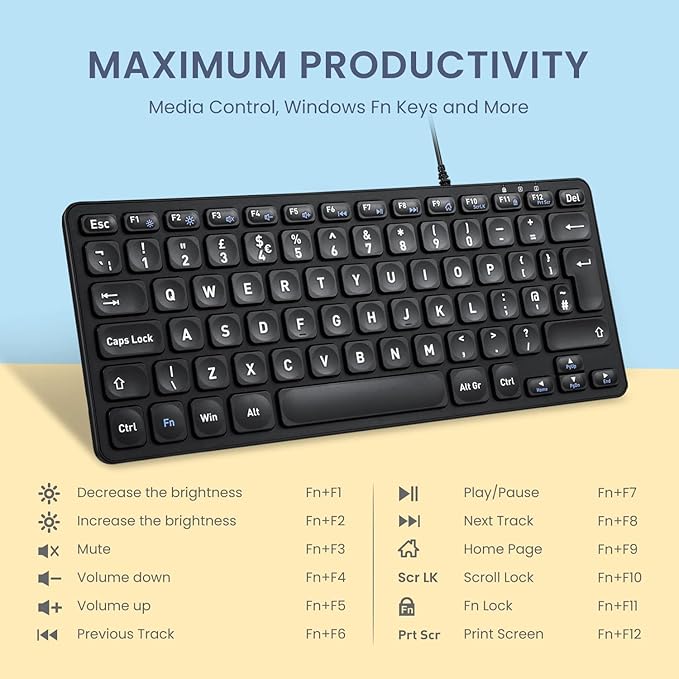 Perixx PERIBOARD-432 Wired Mini USB Keyboard - X Type Scissor Keys - Big Print Keys - US English, Black