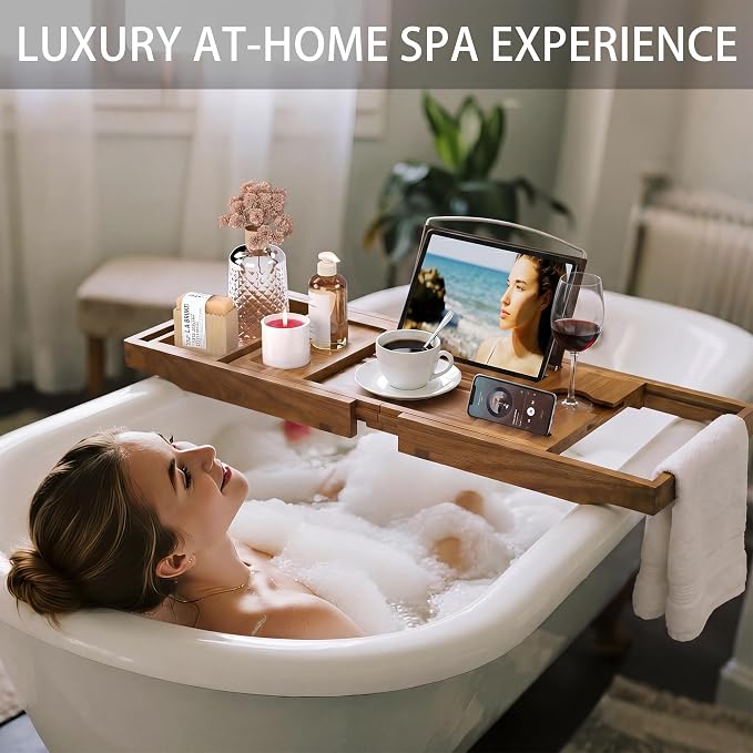 Acacia Wood Bathtub Tray Caddy,Foldable Bath Tray for Tub,Expandable Bath Table Trays,Bathtub & Bathroom Accessories for New Home & Mothers, Birthday Gifts for Mom