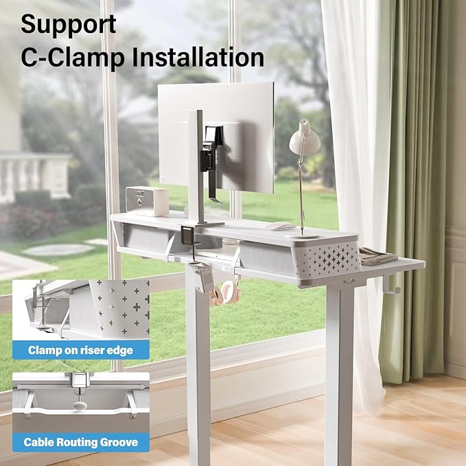 Electric Standing Desk with 2 Drawers 55''x 24'' Adjustable Height Sit to Stand Up Desk with Storage Shelf, C-Clamp Mount Compatible White Home Office Desks Computer Gaming Table Ergonomic Workstation