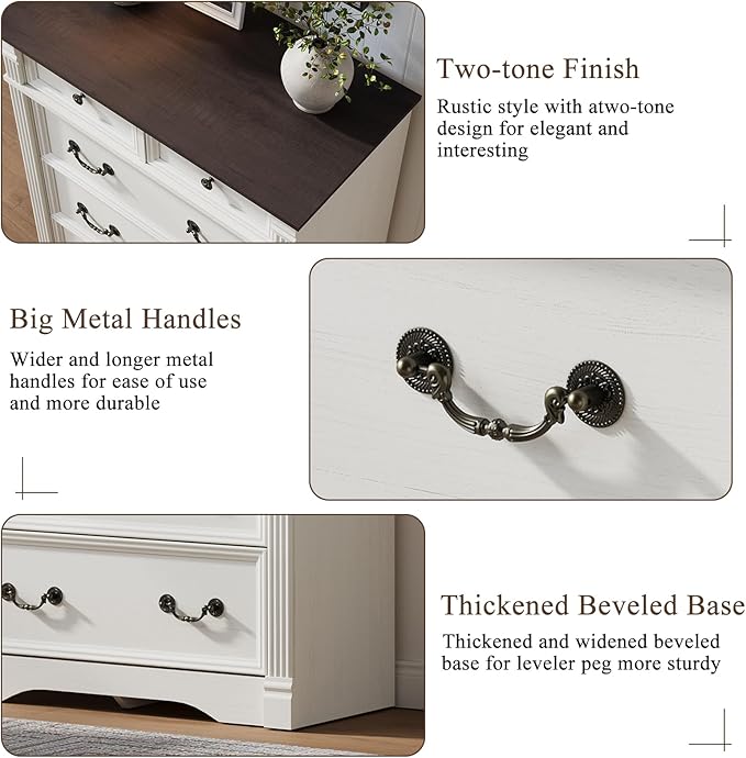 White 6 Drawers Dresser, 47" Tall Dresser for Bedroom, Wood Rustic Tall Chest of Drawers with Chic Wood Pilasters, Farmhouse Dressers Organizer for Bedroom, Hallway