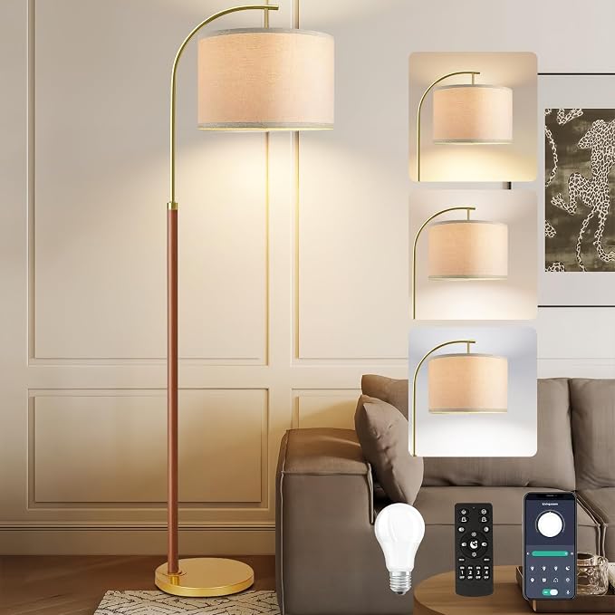 Wood Floor Lamps for Living Room Arc Floor Lamp with Remote Control,Dimmable Farmhouse Floor Lamp Mid Century Modern Standing Lamp with 3 Color Temperature Tall Vintage Floor Lamp For Bedroom Corner