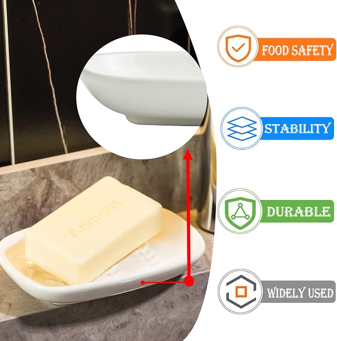 Miamolo Soap Dish Soap Holder Shower, Ceramic Soap Dishes for Bar Soap Sponge, Shower Soap Dish Soap Saver Tray for Bathroom Kitchen Sink, Easy to Clean, White (Pack of 2)