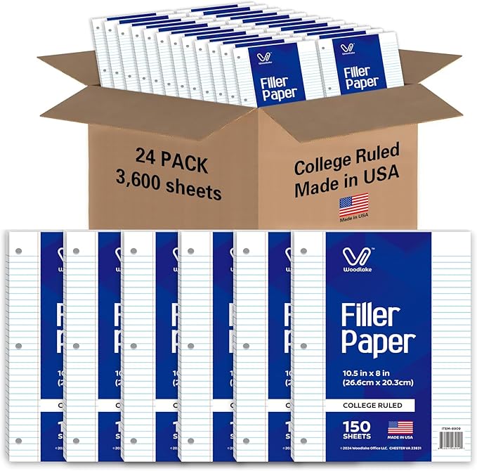 Woodlake Loose Leaf Paper, College Ruled Notebook Paper Bulk, 8 x 10.5”, 150 Sheets per Pack, 24 Pack, 3600 Sheets, Lined Filler Paper, 3 Hole Punched, 60gsm, Made in USA