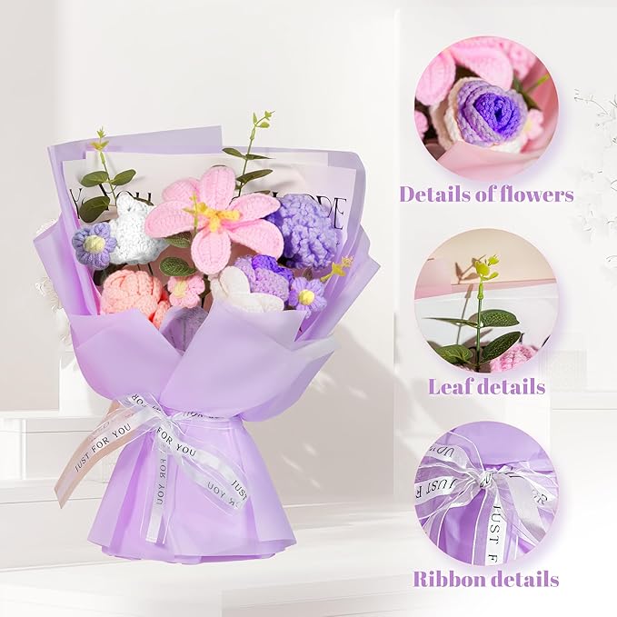 Crochet Flowers Bouquet 8PCS, Handmade Knitted Artificial Crochet Flower Gifts Tulips Roses Daisies Carnations, Preserved Flowers for Mother's Day Valentine's Day Birthday Home Decor- Purple (Purple)