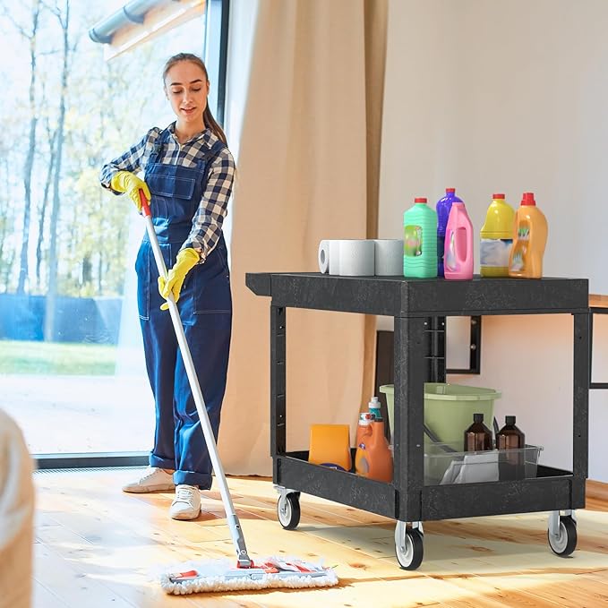 Utility Cart on Wheels, 2 Shelf Heavy Duty Large Flat Top Rolling Cart, 550LBS Capacity Service Cart for Warehouse, Garage, School, Kitchens, Office