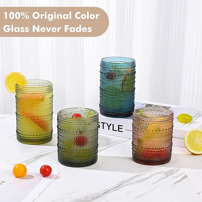 ZMOWIPDL Vintage Hobnail Drinking Glasses Set of 8,Colored 12 oz & 15oz Highball Glass Cups, Kitchen Drinkware Glassware,Embossed Water Tumbler,for Beer,Cocktail,Whiskey,Juice and Various Mixed Drinks
