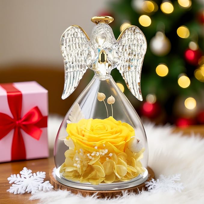 Yamonic Mom Birthday Gifts for Mom,Angel Figurines with Real Rose Gifts for Her Mom Grandma,Preserved Flowers Rose Angel Figurines for Mothers Day Christmas Anniversary Birthday Gifts for Wife(Yellow)