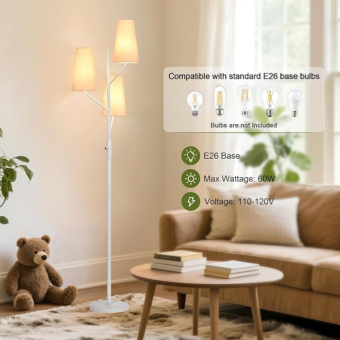 SRJJA Industrial Floor Lamp for Living Room, 70" Tall 3-Light Tree Standing Lamp with White Pole, Farmhouse Rustic Reading Floor Lamps for Bedroom, Office and Study(Bulb Not Included)