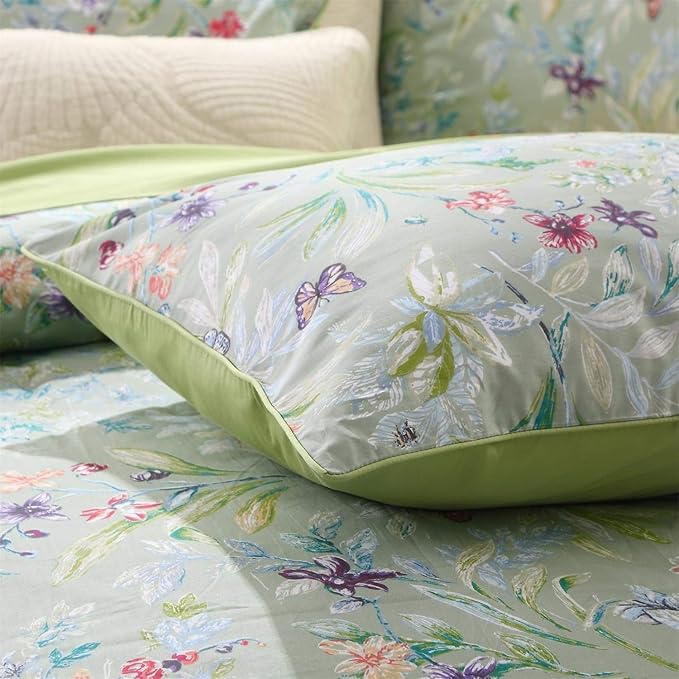 Brandream Floral Bedding Duvet Quilt Comforter Cover King Size Watercolor Butterfly Flower Farmhouse Country 100% Soft Egyptian Cotton 1 Duvet Cover and 2 Pillowcases Green Summer Bedding, 3 Pieces