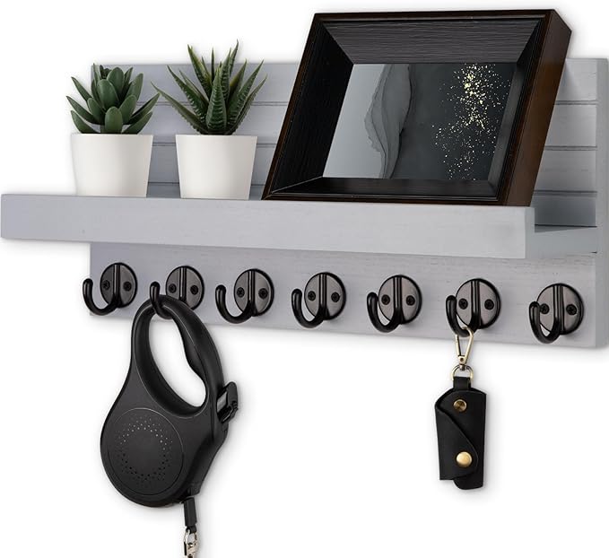 Lwenki Key Holder Wall Mount, Entryway Key and Mail Holder with 7 Sturdy Hooks for Sunglasses, Dog Leash, Decorative Wall Shelf with Mounting Hardware, 15”W x 6.7”H x 4.2”D (Gray)