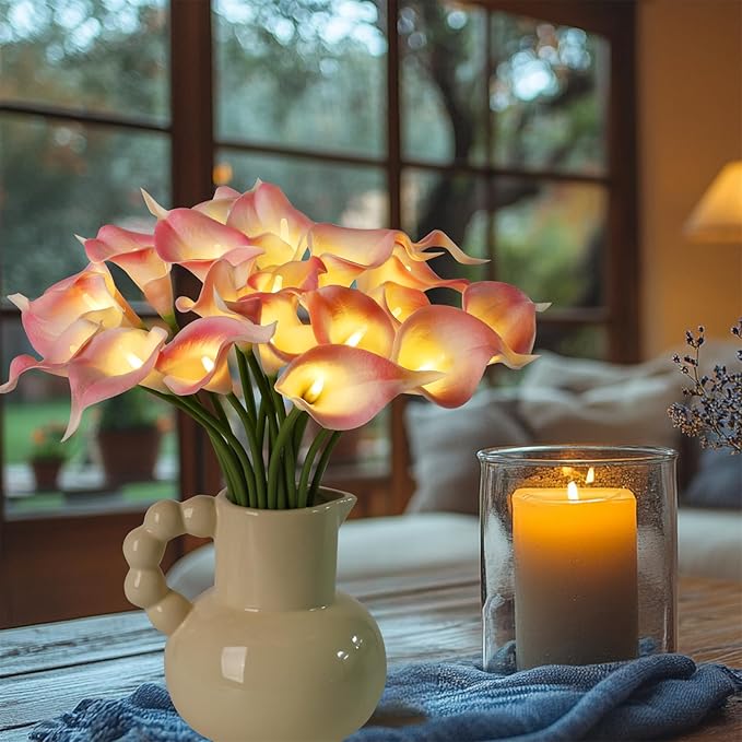 20pcs Lighted Artificial Calla Lily Bouquet Lamp Faux Floarl Night Light Real Touch Flower Night Lamp LED Calla Lily lighted Artificial Flower for Holiday Gifts Home Kitchen Decor(Light Pink)