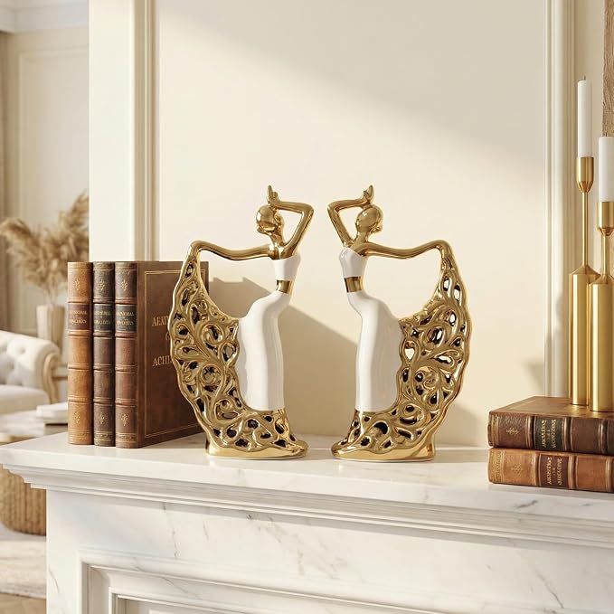 2 Pcs Ceramic Statues Home Decor, Dancer Women Sculpture Figurine, Modern Aesthetic Abstract Art Decorative Accent for Living Room Bedroom Bookshelf Dining Table Centerpiece Office (White and Gold)