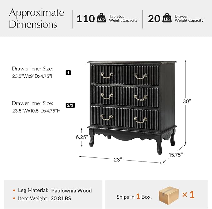 HULALA HOME Transitional Side Table with 3 Drawers and Charging Station, 28" Solid Paulownia Wood Sidetable with Vertical Stripe, Charcoal