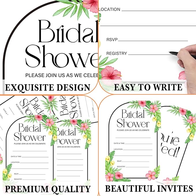 25 Set Hawaiian Bridal Shower Party Invitations with Envelopes, Summer Tropical Wedding Bridal Shower Party Supplies Invitation Cards-A09