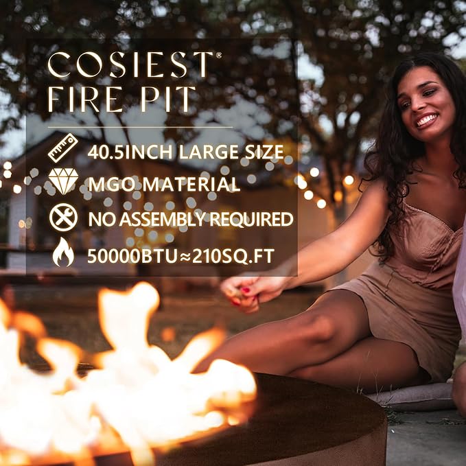 COSIEST Outdoor Propane Fire Pit Coffee Table w Dark Bronze 40.5-inch Round Base Patio Heater, Certified, 50,000 BTU Stainless Steel Burner, Wind Guard, Aqua Blue Fire Glass, Waterproof Cover