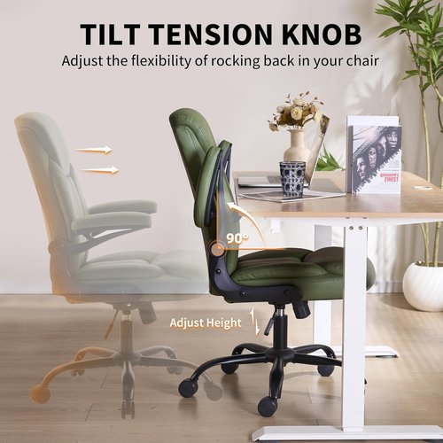 Comfy Ergonomic Desk Chair by Home Office | Adjustable Leather Executive Chair with Flip-Up Armrests & 360° Swivel (Green)