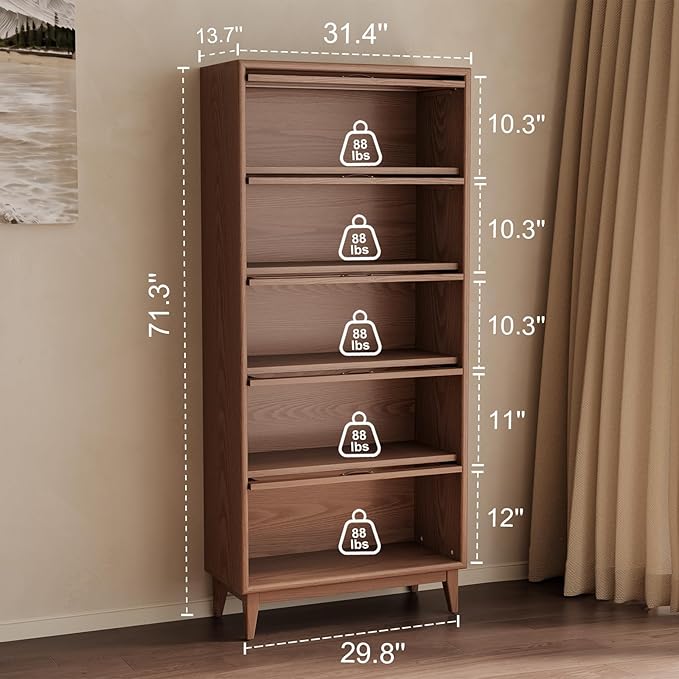 5 Tier Solid Wood Bookcase with Tempered Glass Doors Elegant Wooden Book Shelf with Doors 72H/32w/14 inch Log Khaki, Luxury Antique Bookcase Artwork Book Shelves/case for Home Office