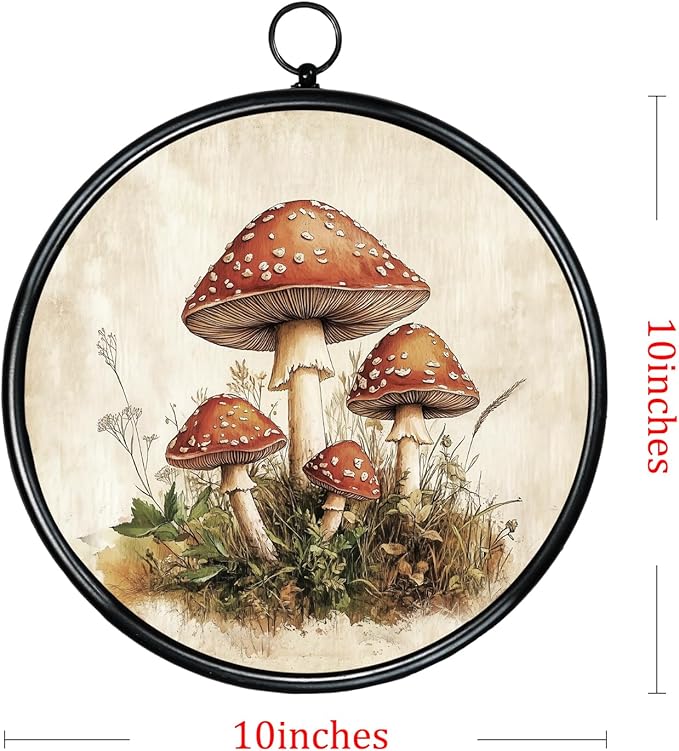 XIAOAIKA Round Vintage Wall Hanging Decor, Printed Textured Surface with Wood Back, Mushroom Design, Black Metal Frame, Ready to Hang for Living Room Bedroom, 10 Inch
