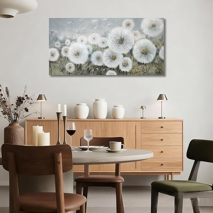 Ardemy Flower Wall Art Canvas Dandelion Painting White Floral Picture, Textured Large Framed for Living Room Bedroom Kitchen Dining Room Home Office Decor 48"x24"