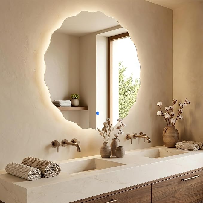 Round Led Bathroom Mirror- 24" Wavy Vanity Mirror with Lights IP54 Enhanced Anti-Fog,Single Piece 3 Colors Dimmable, Memory,Tempered Glass,UL Listed