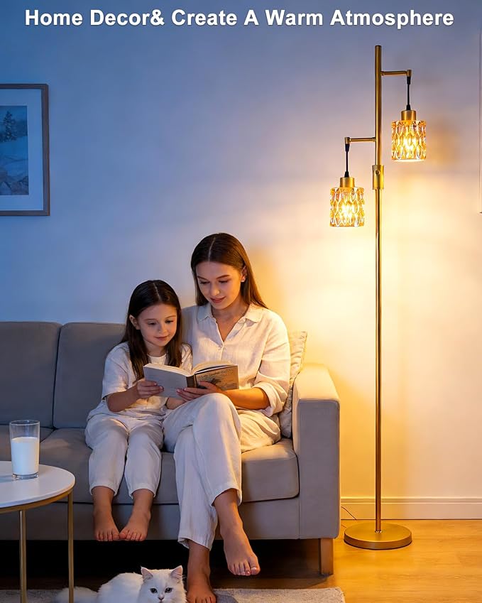Lightdot 65IN Industrial Gold Floor Lamp for Living Room, 2- Light Amber Glass Floor Lamps with Warm White Bulbs, Modern Farmhouse Tree Standing Tall Lamp with 5Lbs Heavy Base for Bedroom Home Office
