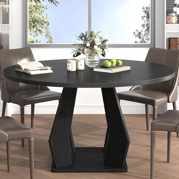 IBF Black Round Dining Table for 4-6, 47 Inch Kitchen Table with Spacious Tabletop Modern Circle Dining Table, Wood Dinner Table Pedestal Base for Dining Room, Kitchen,Living Room,Office