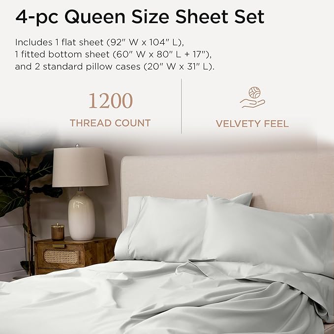 Threadmill Luxury Supima Cotton Sheets, Luxury 1200 Thread Count Soft 100% Cotton Sheets for Queen Size Bed, 4 Pc Light Grey Bed Sheets Queen Set, 5-Star Hotel Quality Deep Pocket Bed Sheets Set