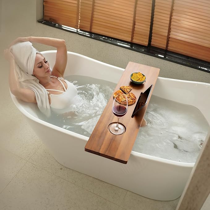 Tinamo Acacia Bathtub Caddy Tray Table | 35x9 Inch Large Bath Tub Wooden | Anti-Tipping, Sustainable Tub Tray for Bath tub | Bath-tub Accessories Holders for Bath-tub (Acacia, 35" x 9" x 2.5")
