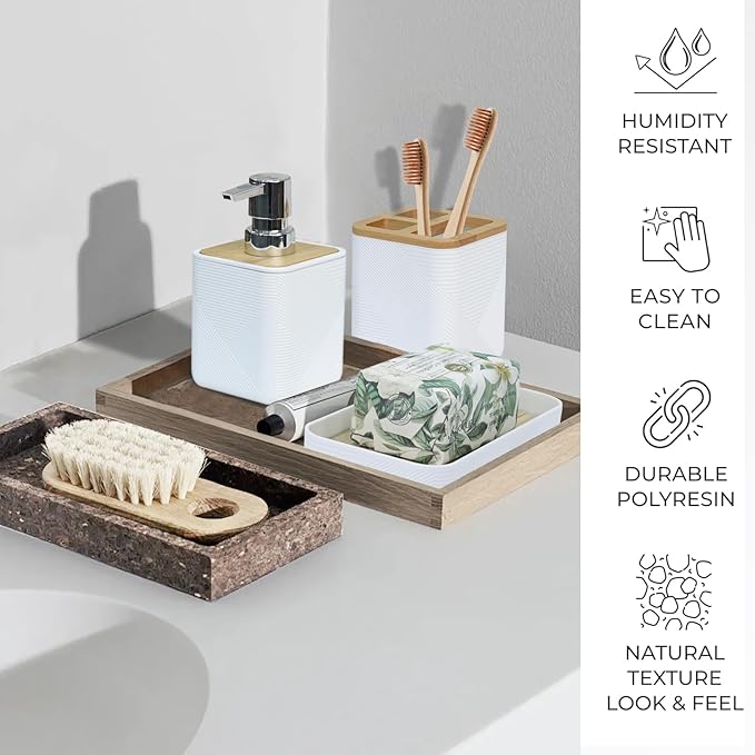CERBIOR Bathroom Accessories Set 6 Piece Bamboo Bath Ensemble Includes Soap Dispenser, Toothbrush Holder, Toothbrush Cup, Soap Dish for Decorative Countertop and Housewarming Gift (White)